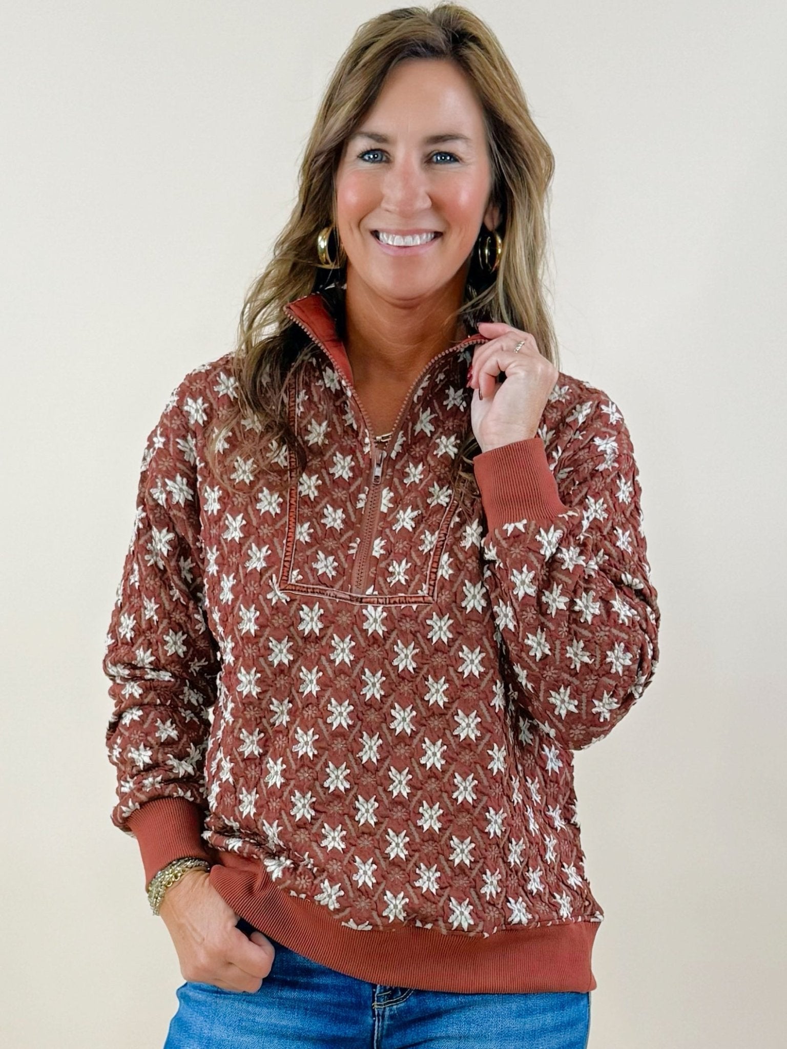 Rustic Snowfall Jacquard Quarter - Zip Pullover - Jessi Jayne Boutique
