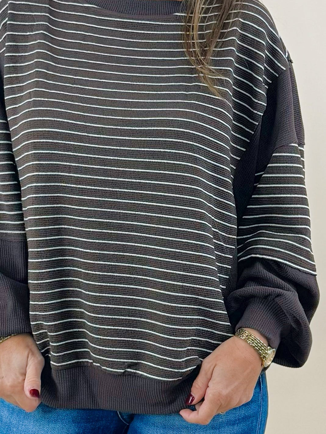 Mocha Contrast Stripe Knit Top - Jessi Jayne Boutique