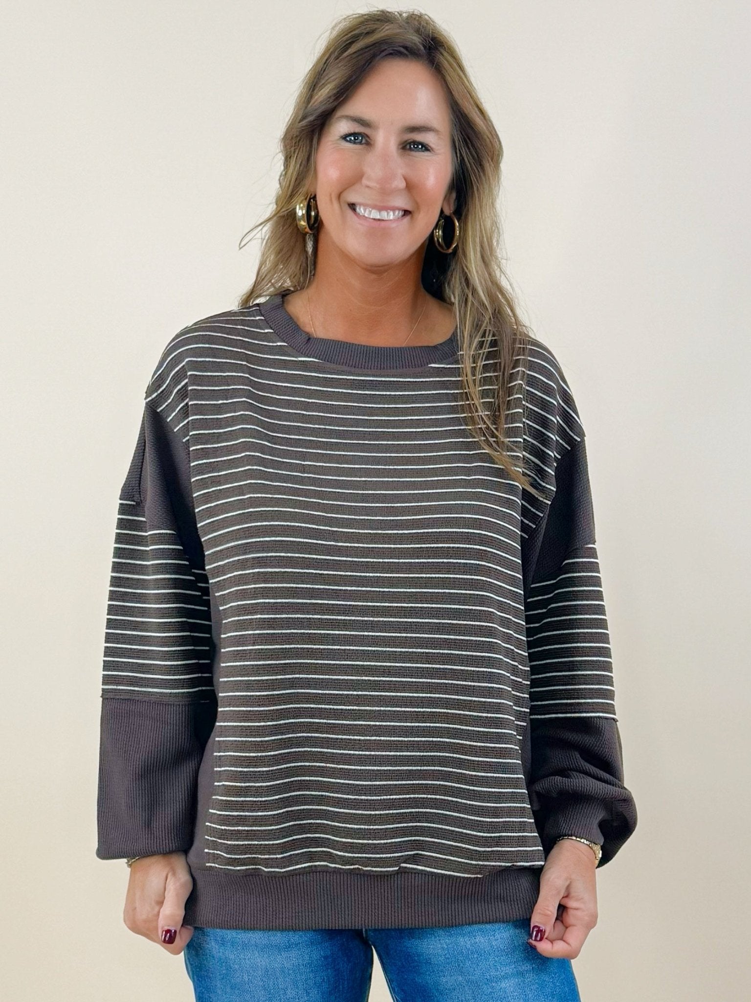 Mocha Contrast Stripe Knit Top - Jessi Jayne Boutique