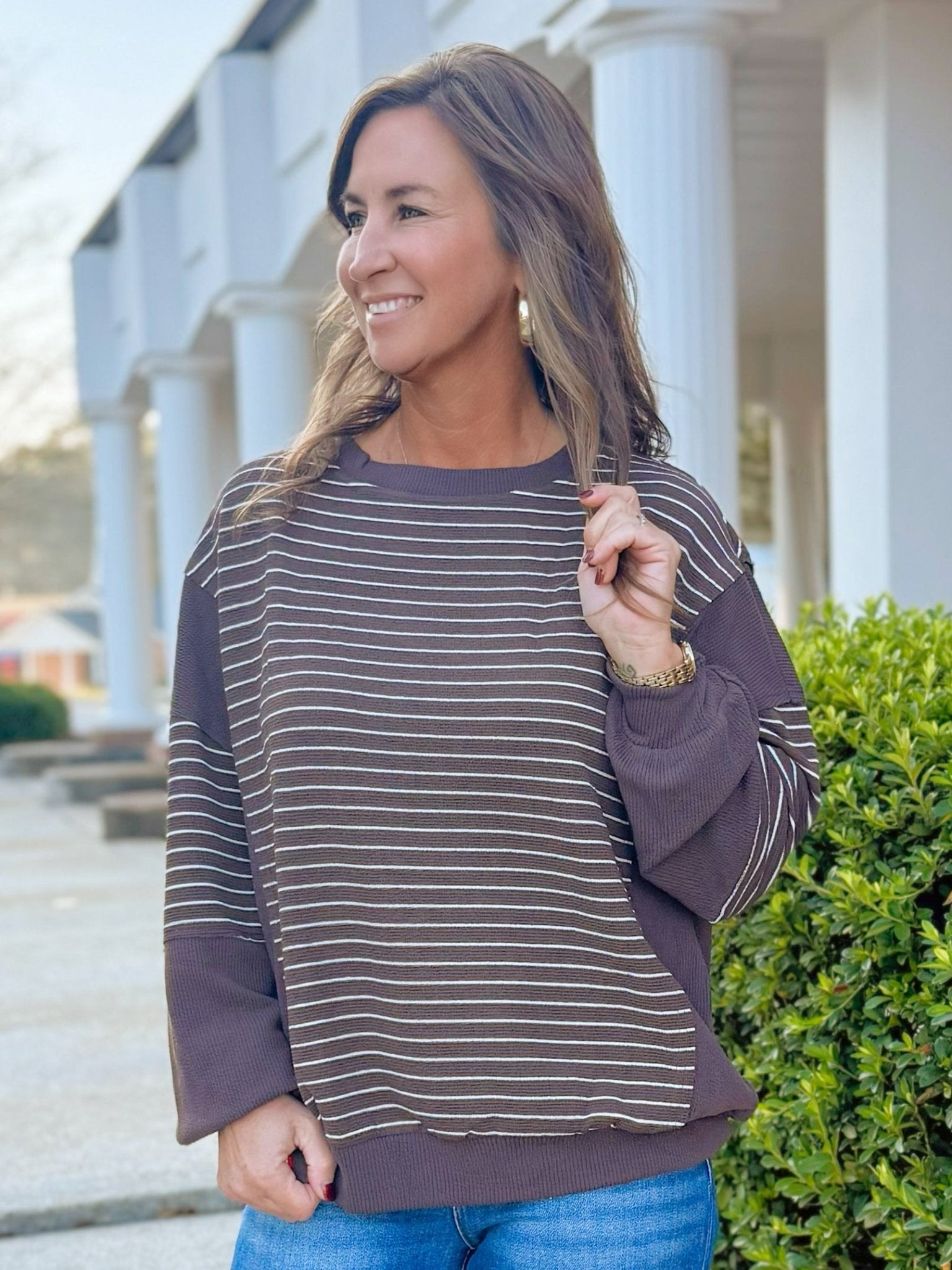 Mocha Contrast Stripe Knit Top - Jessi Jayne Boutique