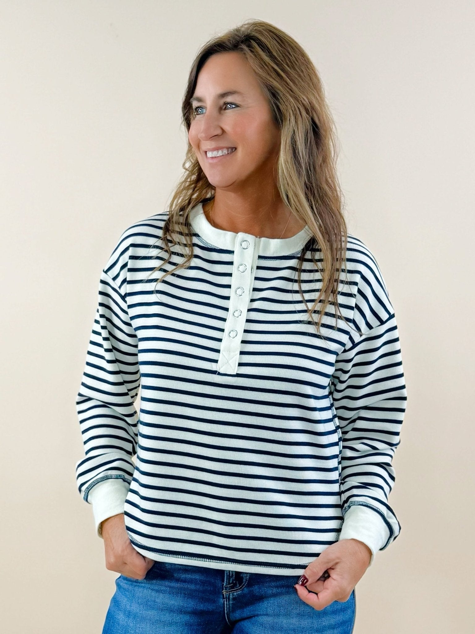 Maple Grove Navy Stripe Henley Top - Jessi Jayne Boutique