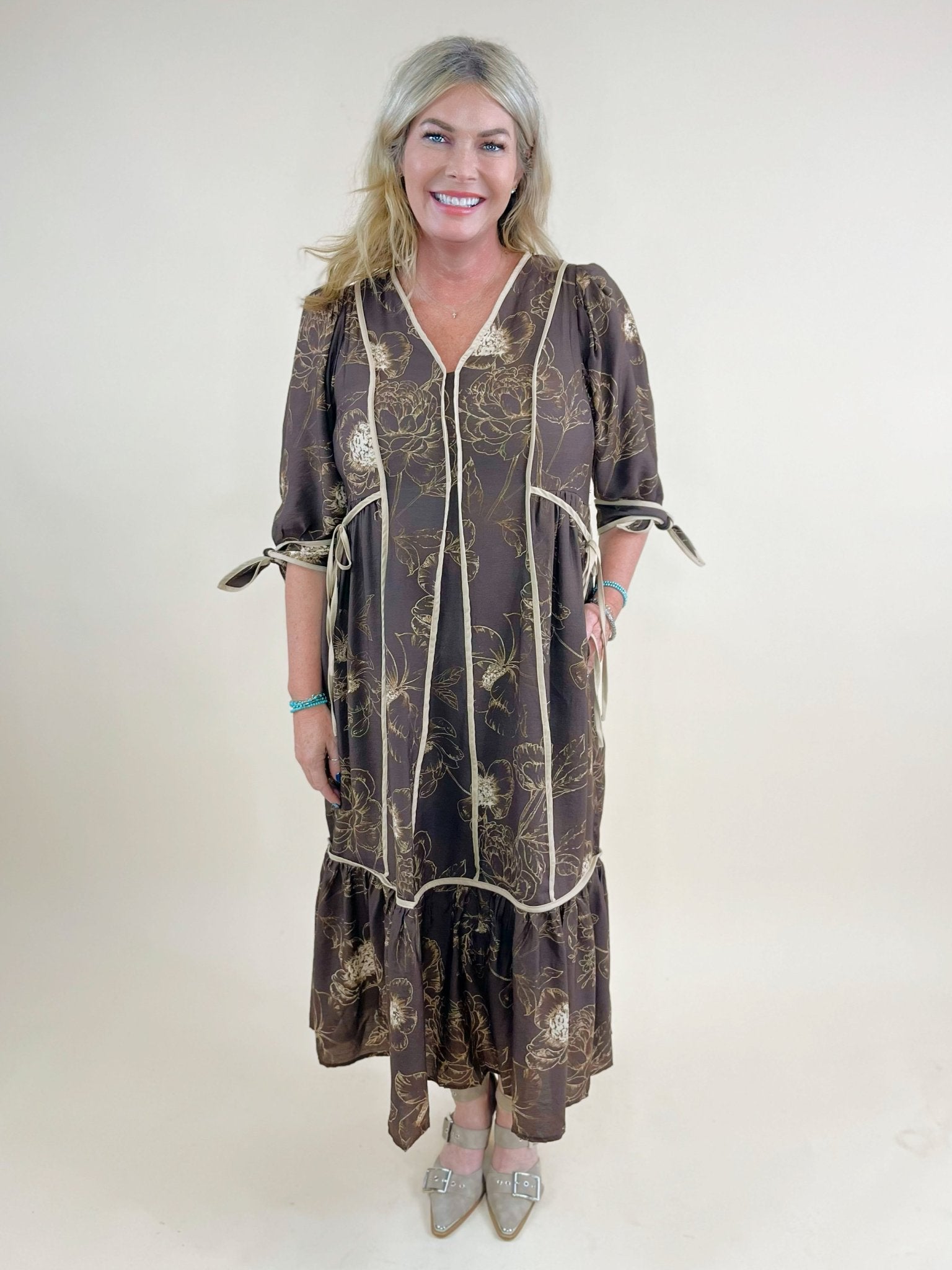 Mocha Botanical Midi Dress - Jessi Jayne Boutique