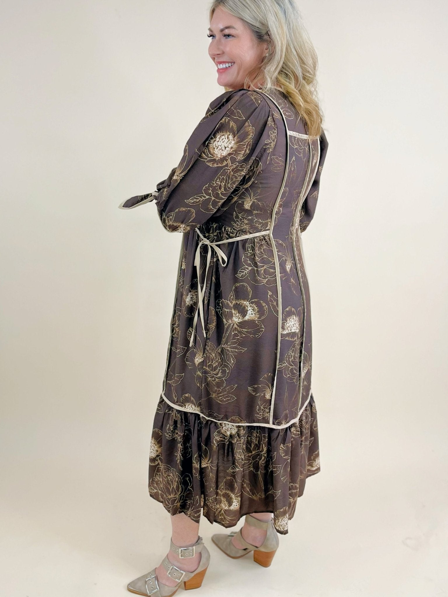 Mocha Botanical Midi Dress - Jessi Jayne Boutique