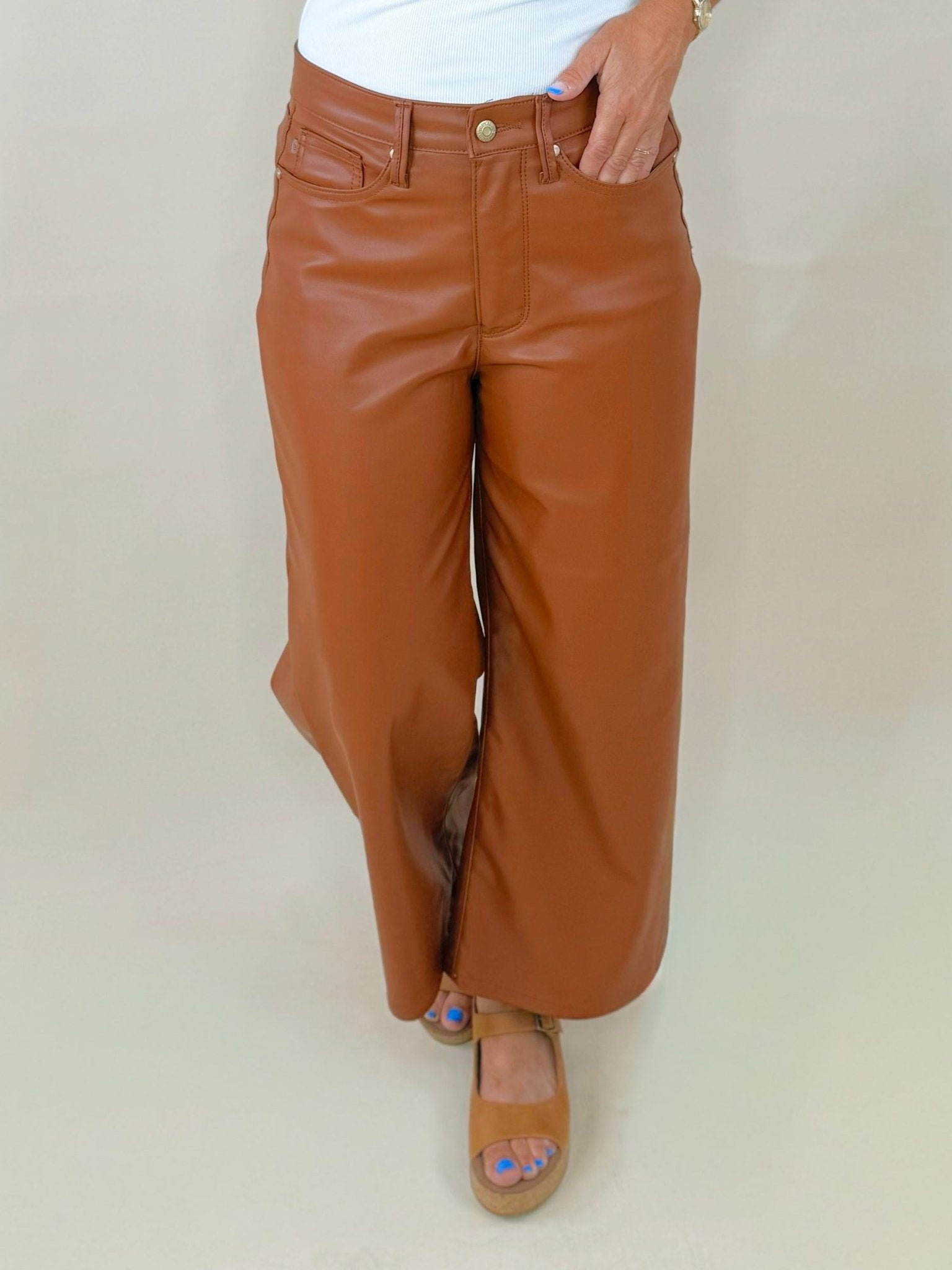 Judy Blue Tummy Control Camel Faux Leather Cropped Wide - Leg Pants - Jessi Jayne Boutique