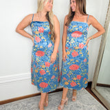 Blue Bouquet Satin Midi Slip Dress - Jessi Jayne Boutique