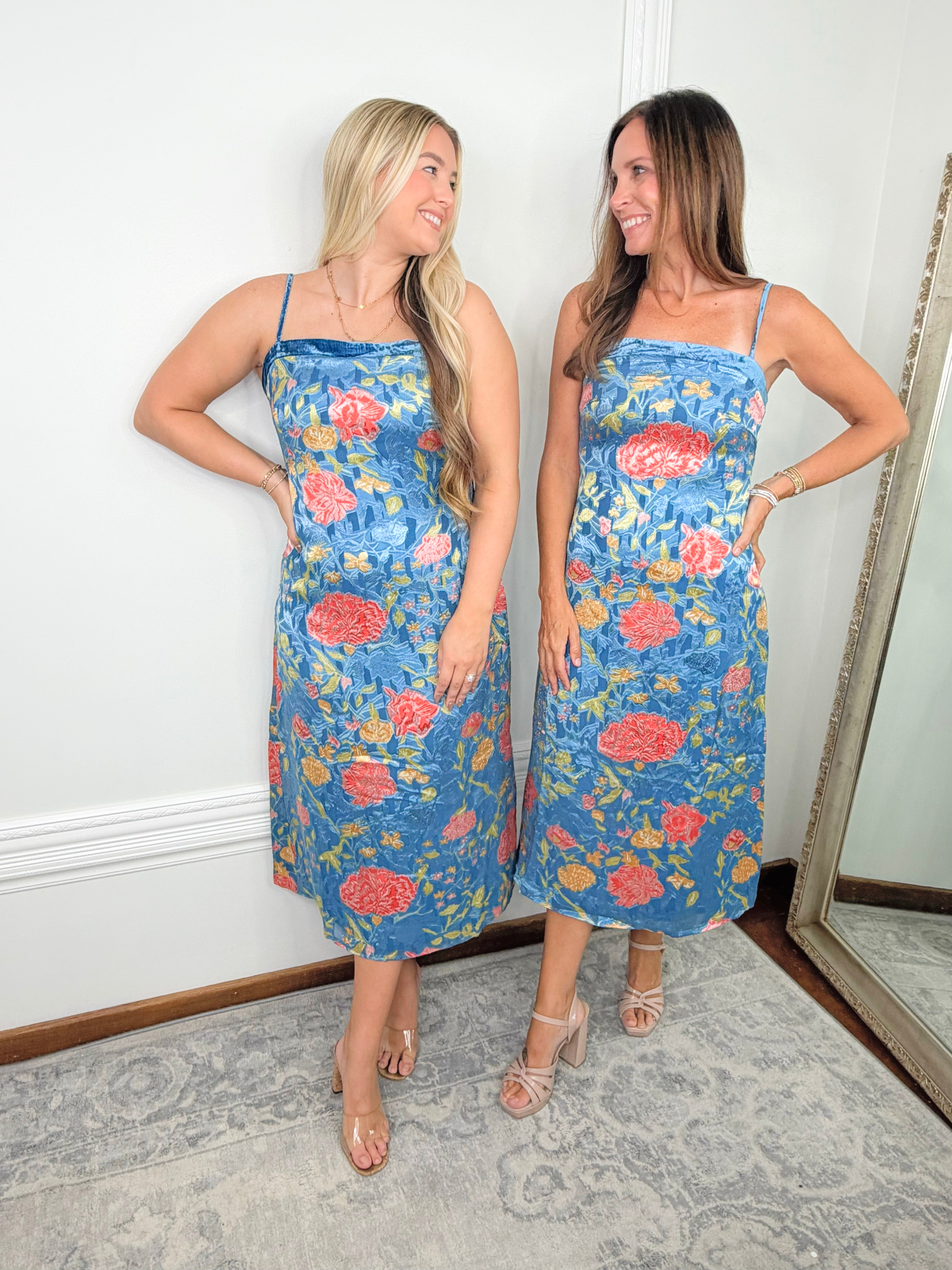 Blue Bouquet Satin Midi Slip Dress - Jessi Jayne Boutique