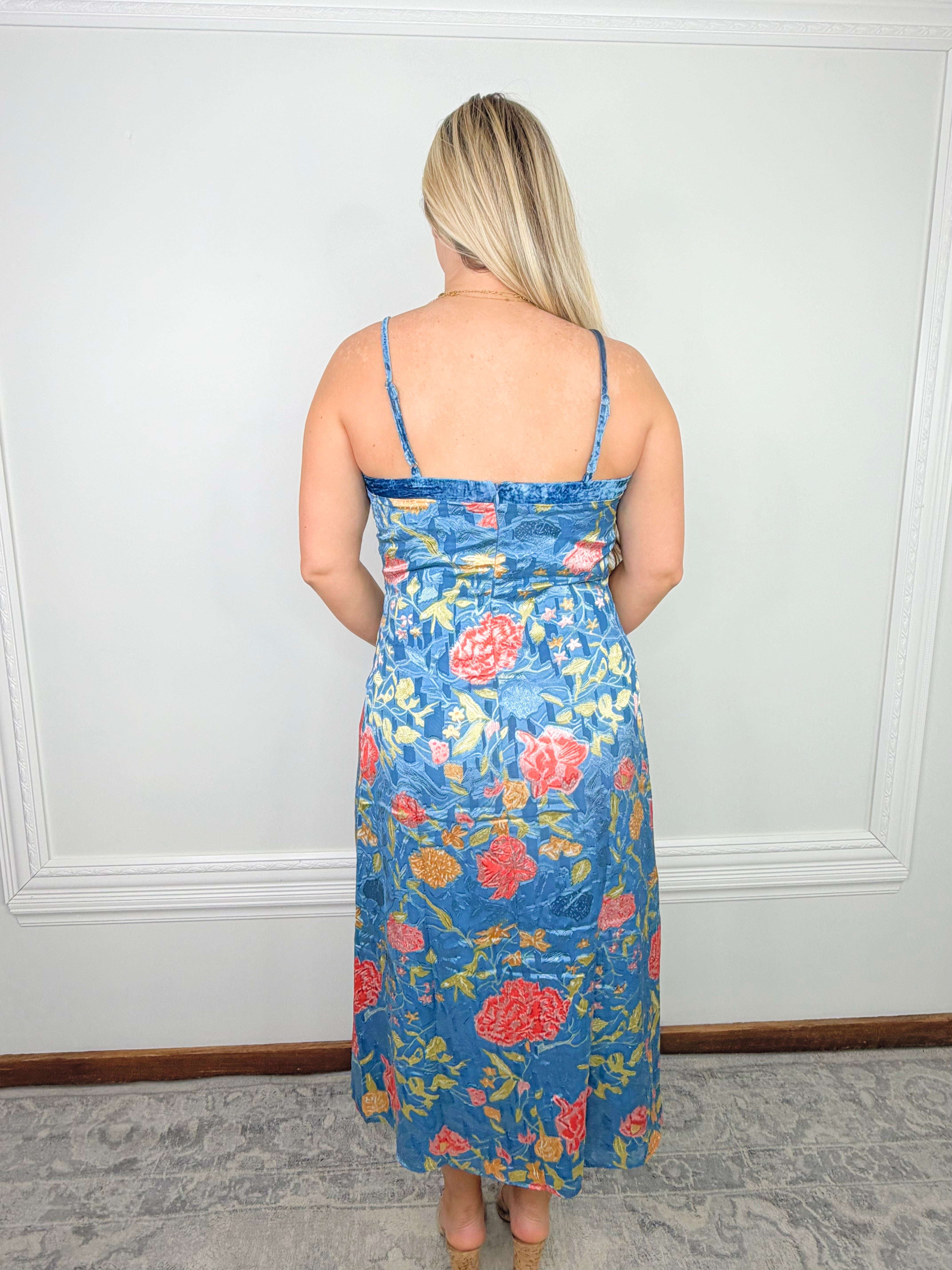 Blue Bouquet Satin Midi Slip Dress - Jessi Jayne Boutique