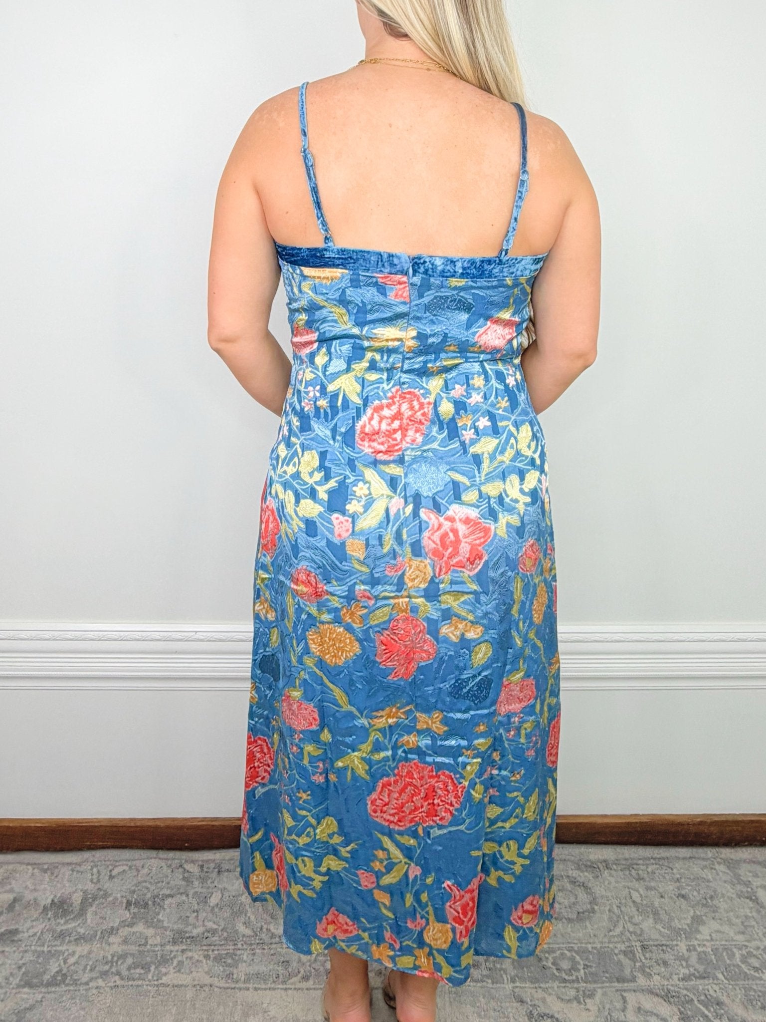 Blue Bouquet Satin Midi Slip Dress - Jessi Jayne Boutique