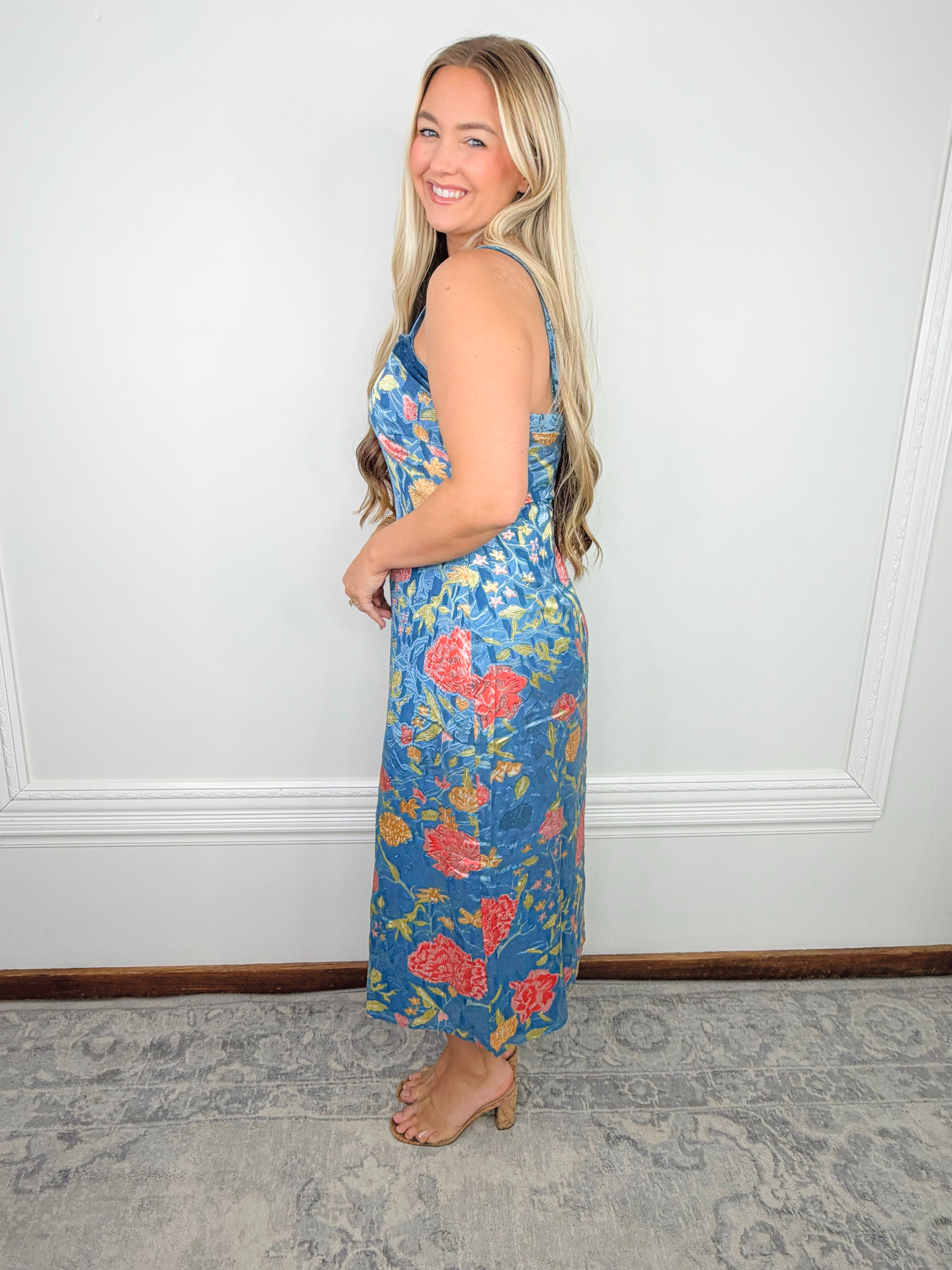 Blue Bouquet Satin Midi Slip Dress - Jessi Jayne Boutique