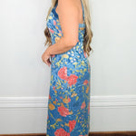 Blue Bouquet Satin Midi Slip Dress - Jessi Jayne Boutique