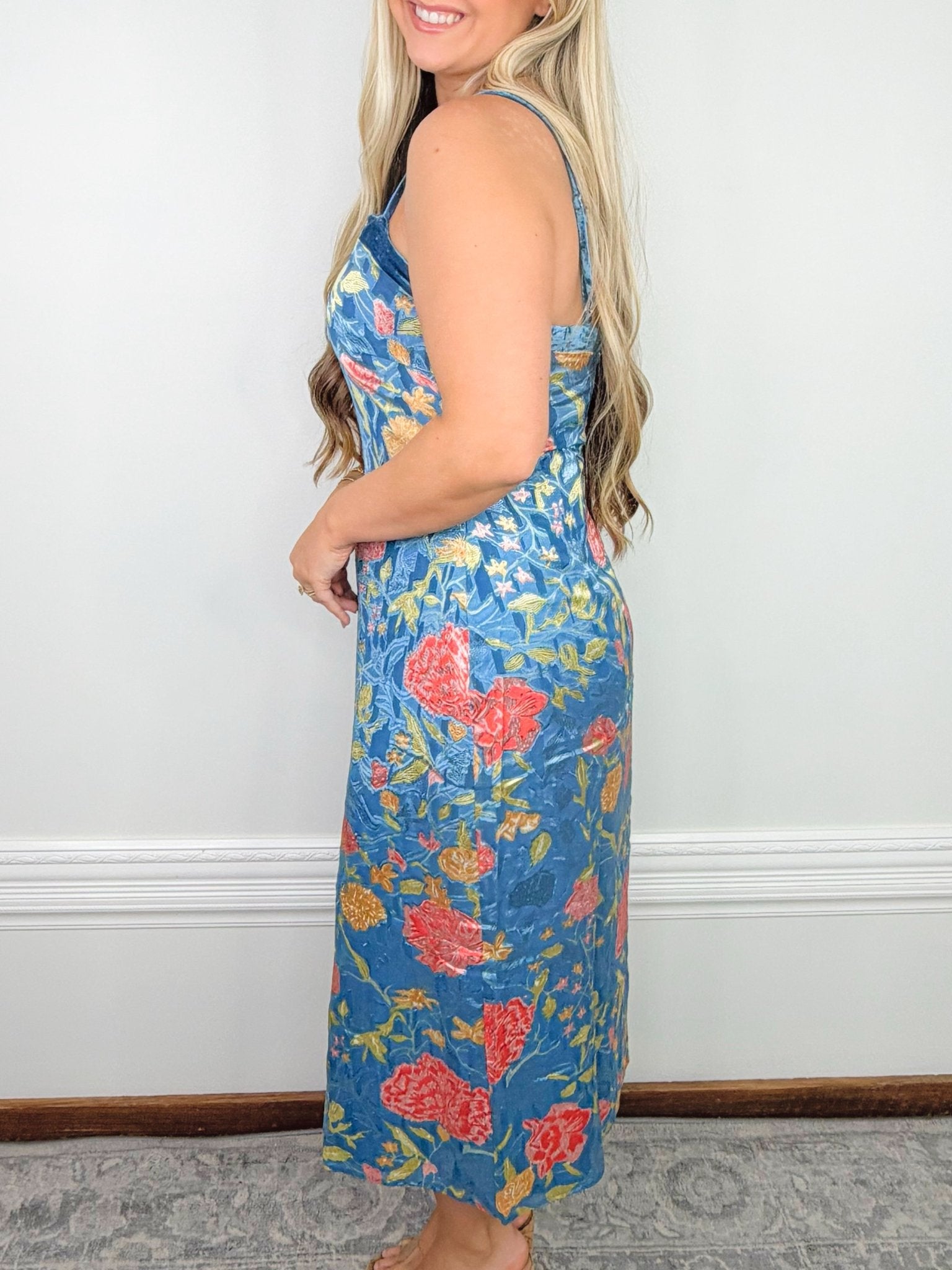 Blue Bouquet Satin Midi Slip Dress - Jessi Jayne Boutique