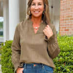 Olive Luxe Suede V - Neck Blouse - Jessi Jayne Boutique