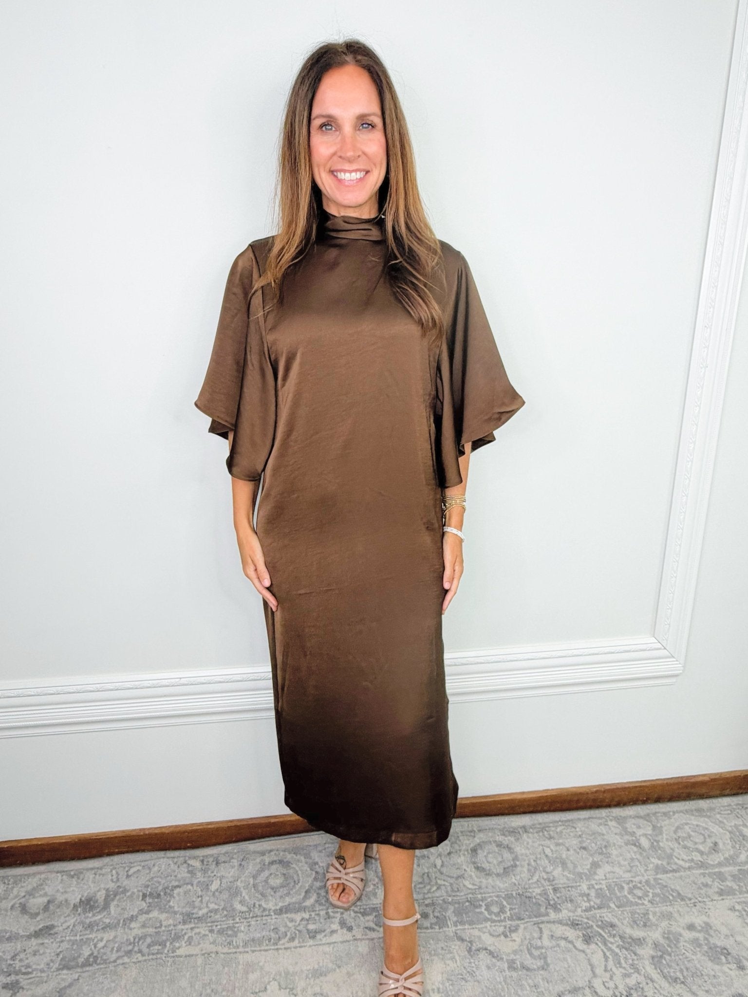 Cocoa Charm Satin Tie-Back Midi Dress - Jessi Jayne Boutique