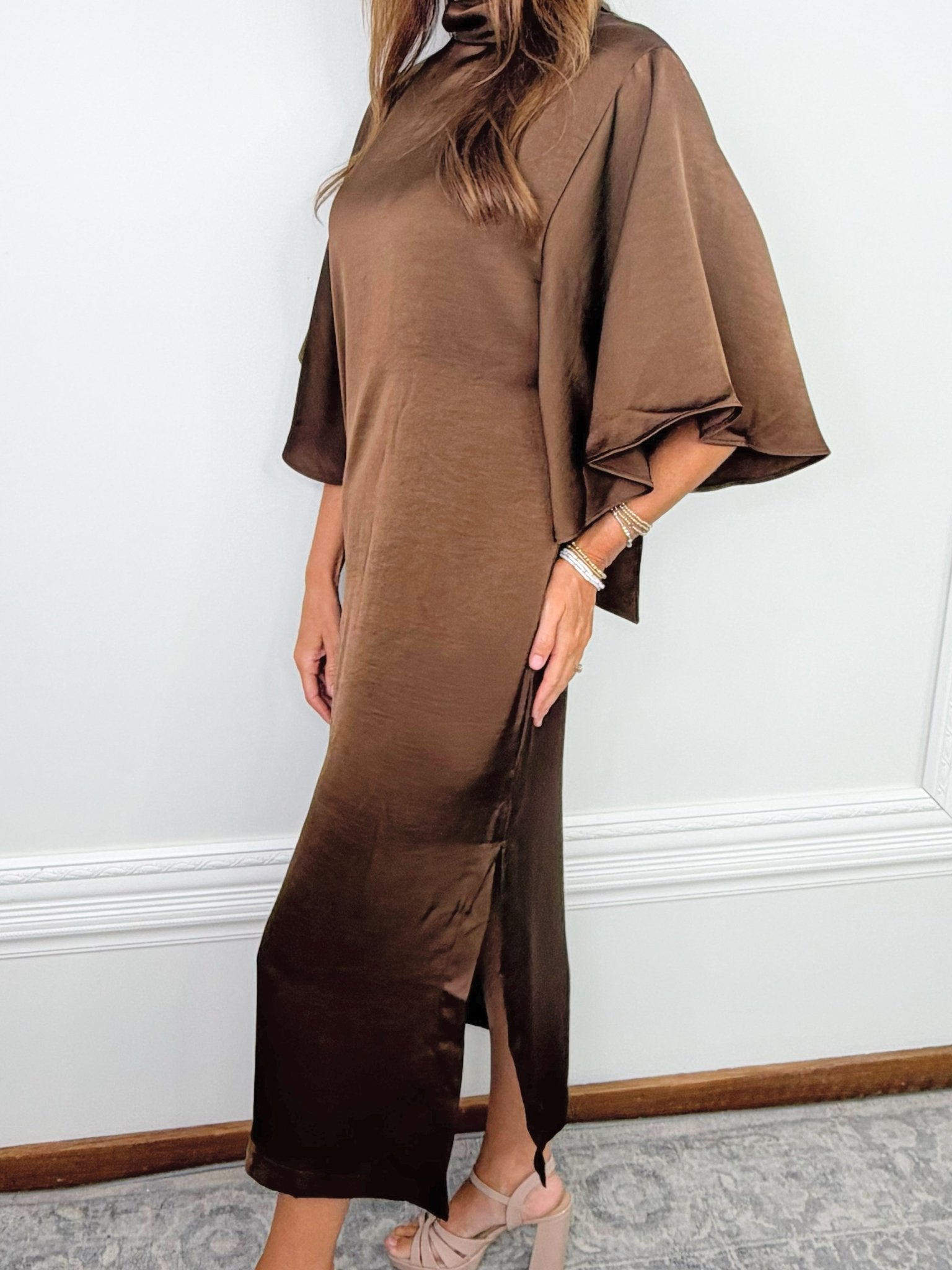Cocoa Charm Satin Tie-Back Midi Dress - Jessi Jayne Boutique