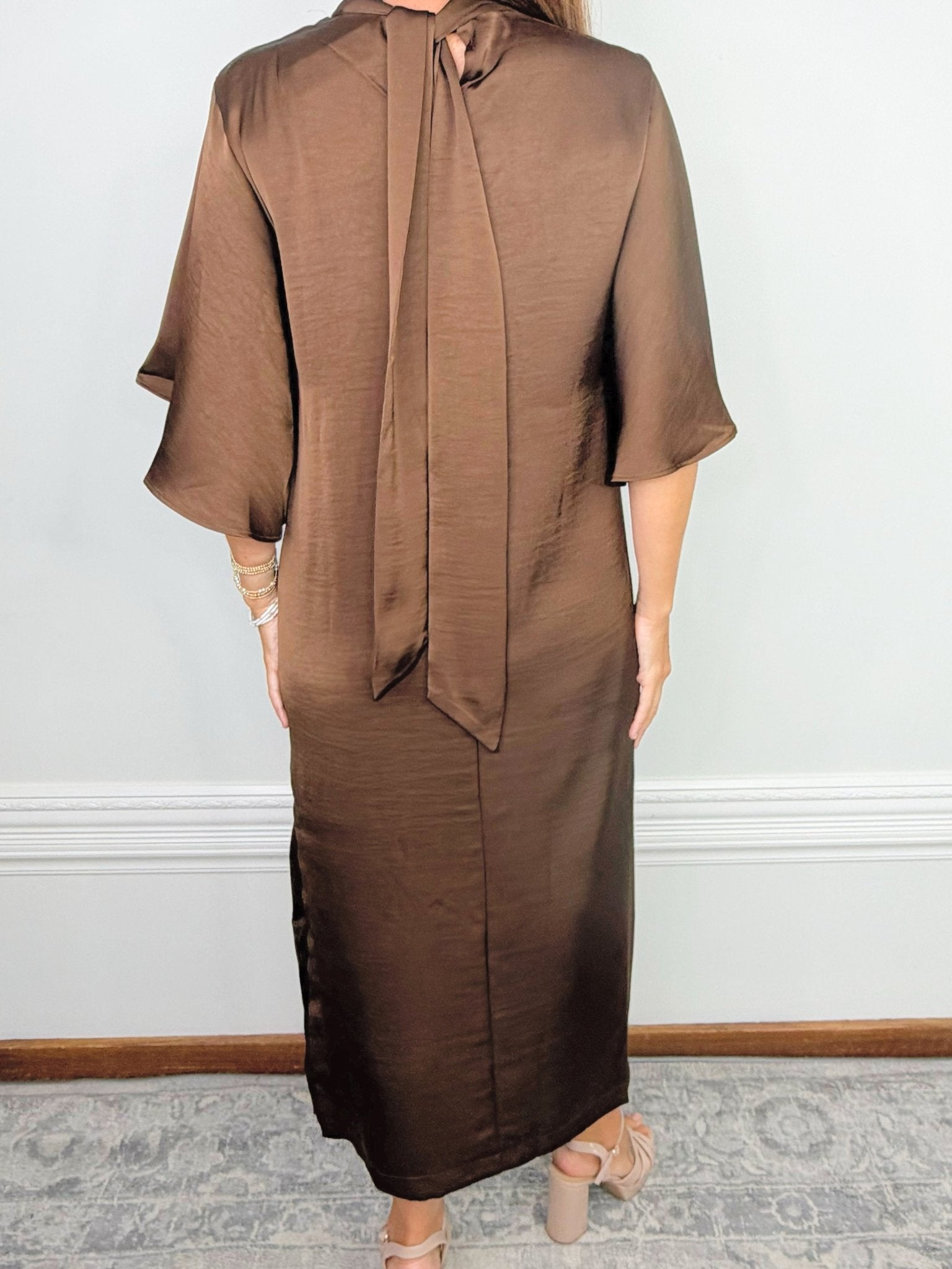 Cocoa Charm Satin Tie-Back Midi Dress - Jessi Jayne Boutique