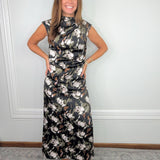 Midnight Garden Satin Mock Neck Maxi Dress