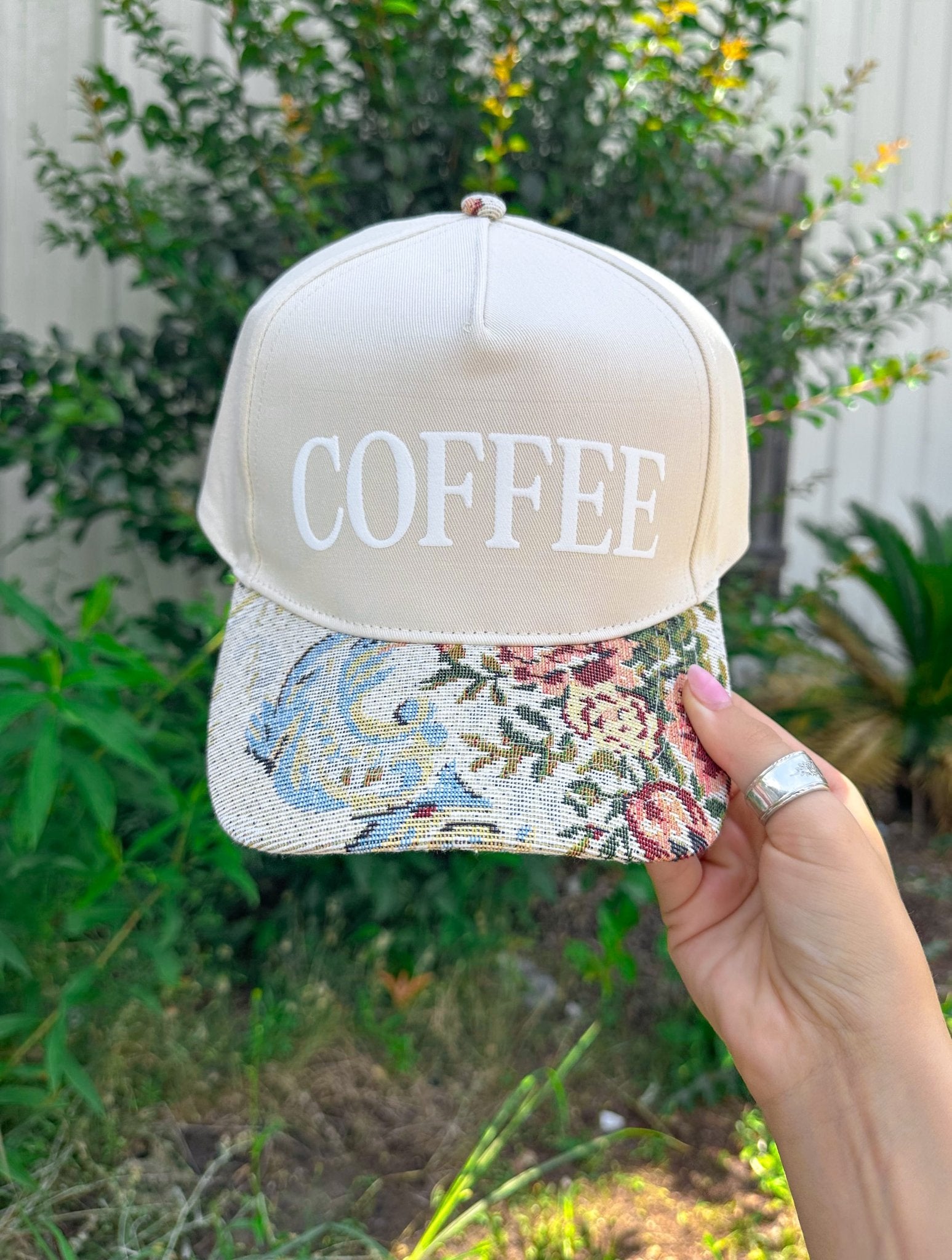 COFFEE Tan/Light Vintage Floral Canvas Trucker Hat - Jessi Jayne Boutique