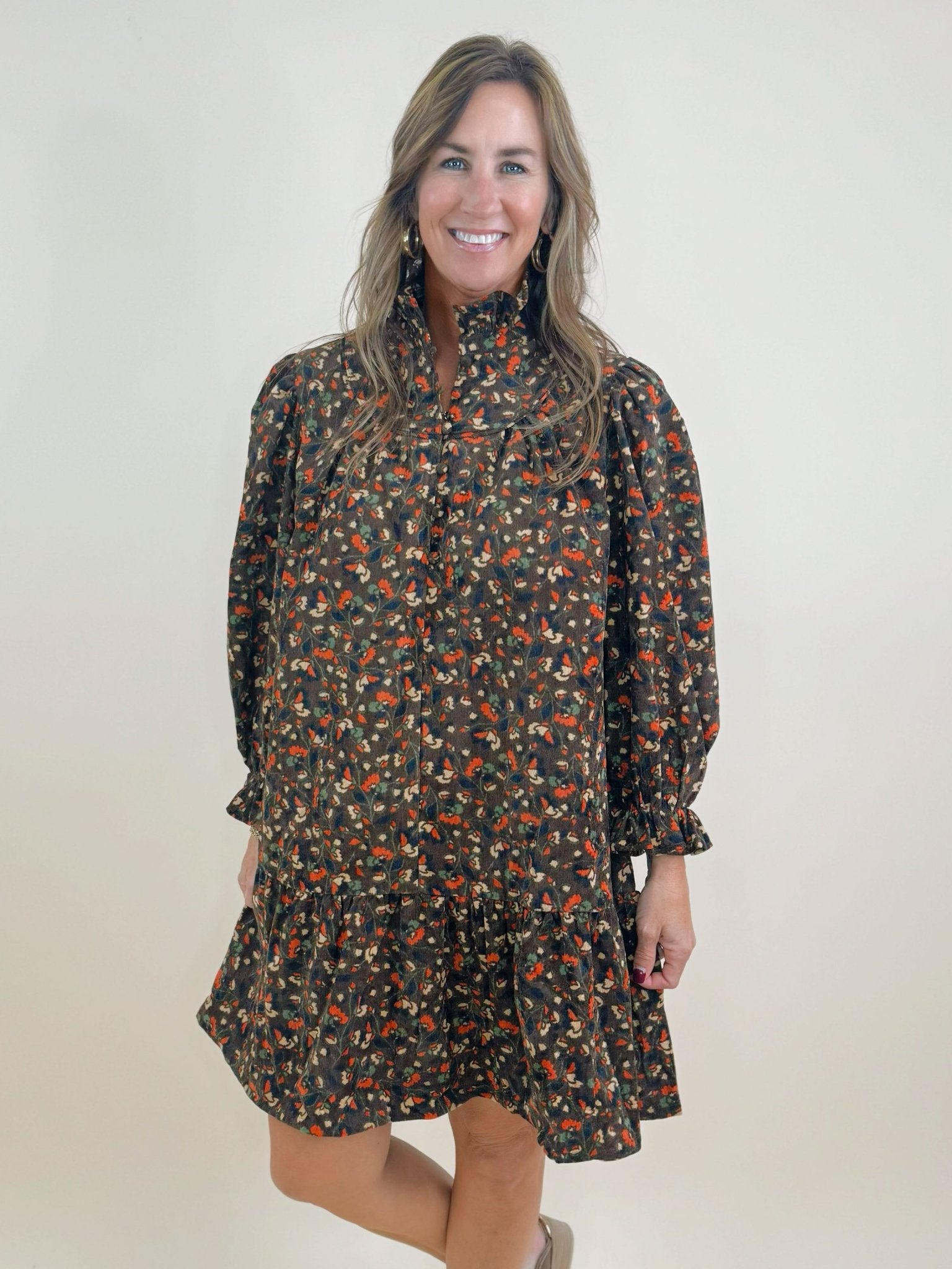 Brown Midnight Petals Corduroy Dress - Jessi Jayne Boutique