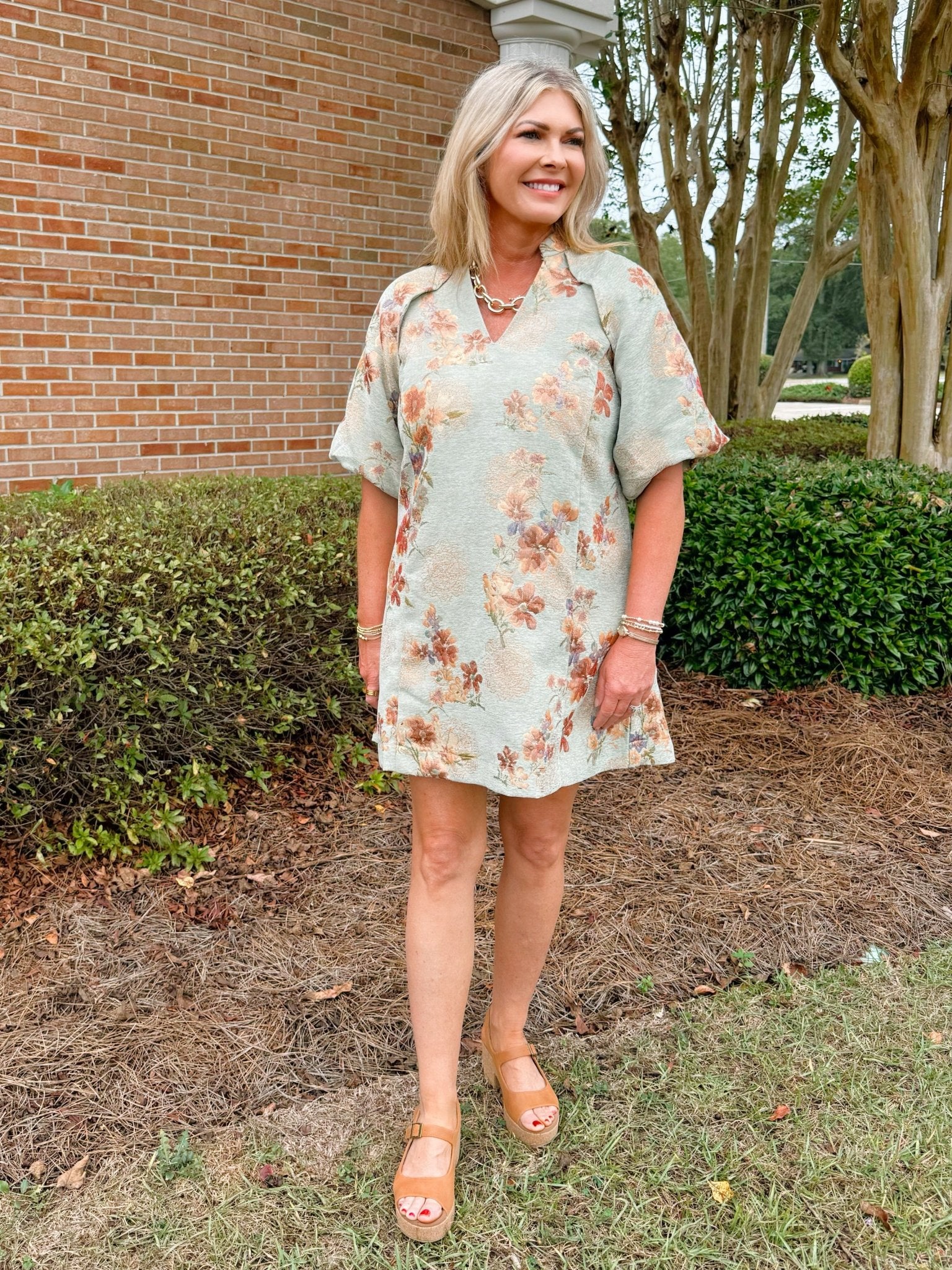 Shimmering Petals Jacquard Puff Sleeve Dress - Jessi Jayne Boutique