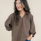 Vivienne Brown Textured V-Neck Blouse