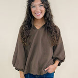 Vivienne Brown Textured V-Neck Blouse