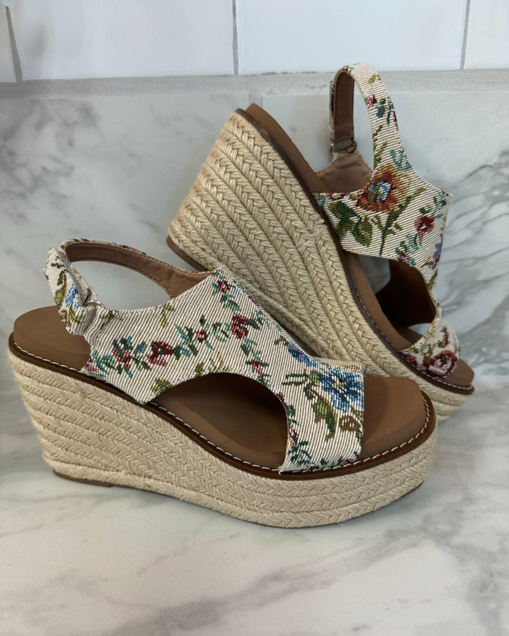 Freddie Sand Brocade Floral Corky's Wedges - Jessi Jayne Boutique