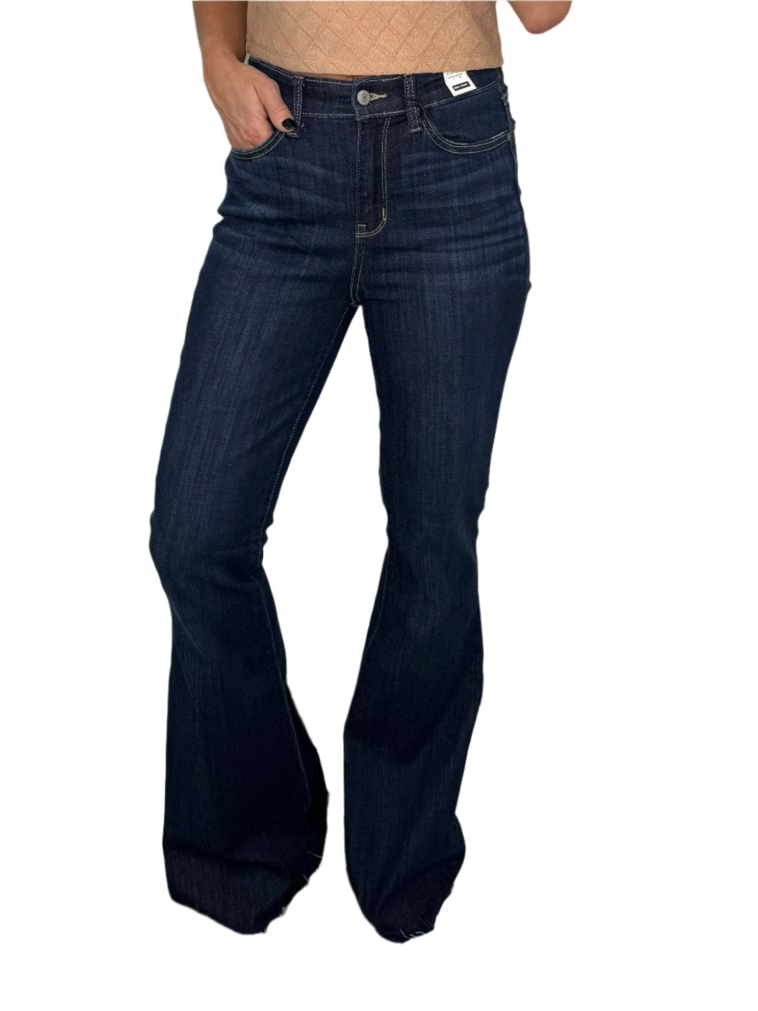 Judy Blue High Rise Raw Hem Dark Wash Flare Jean (Tall) - Jessi Jayne Boutique