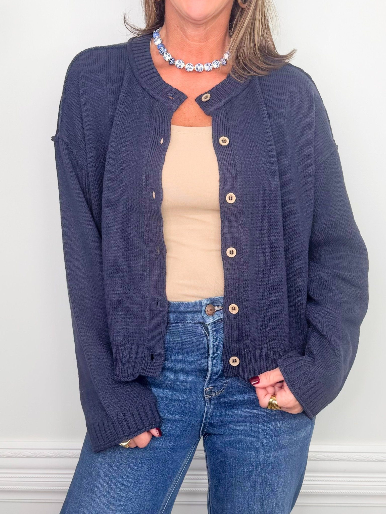 Harbor Navy Exposed Seam Cardigan - Jessi Jayne Boutique