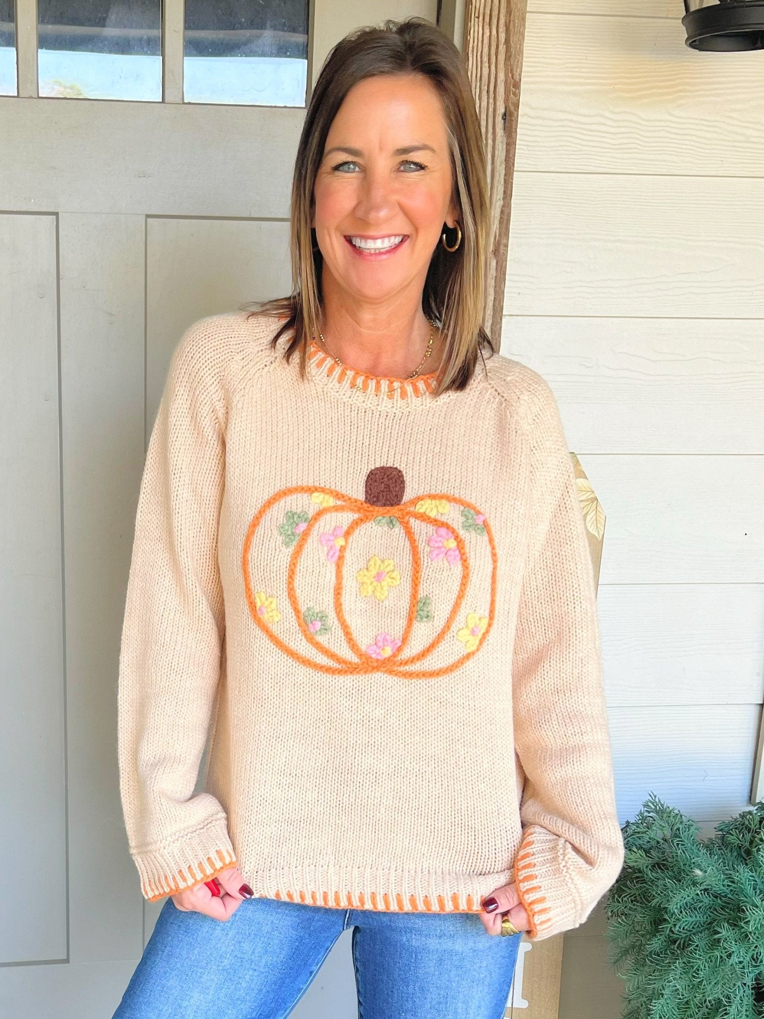 Pumpkin Patch Embroidered Blanket Stitch Sweater - Jessi Jayne Boutique