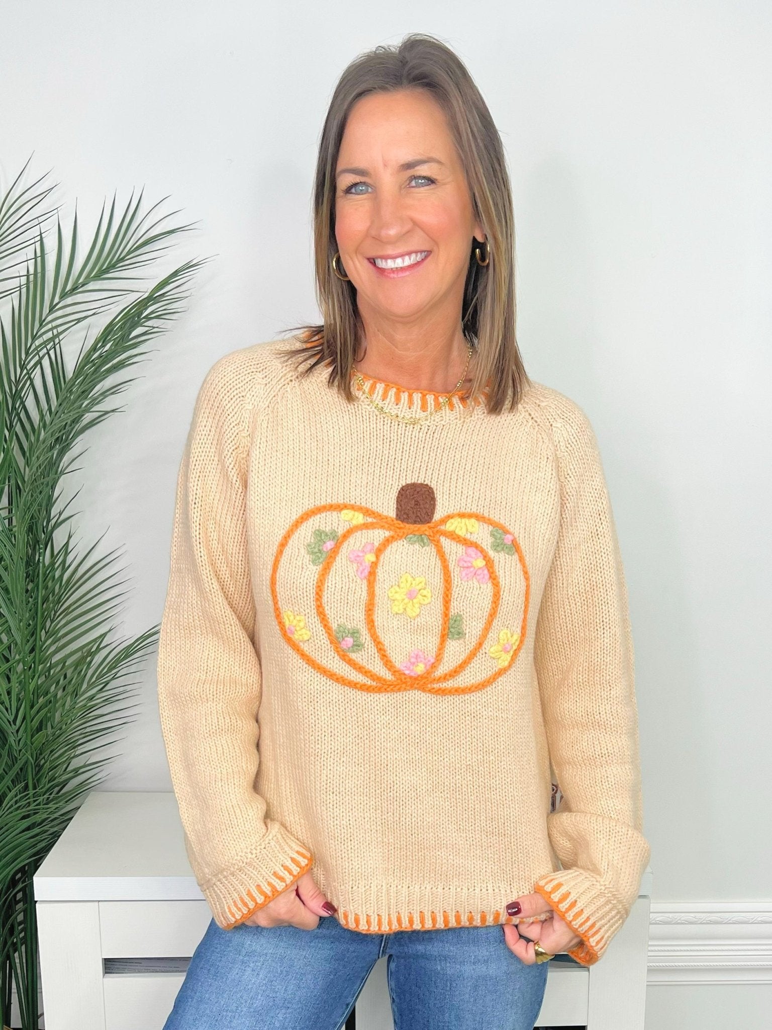 Pumpkin Patch Embroidered Blanket Stitch Sweater - Jessi Jayne Boutique