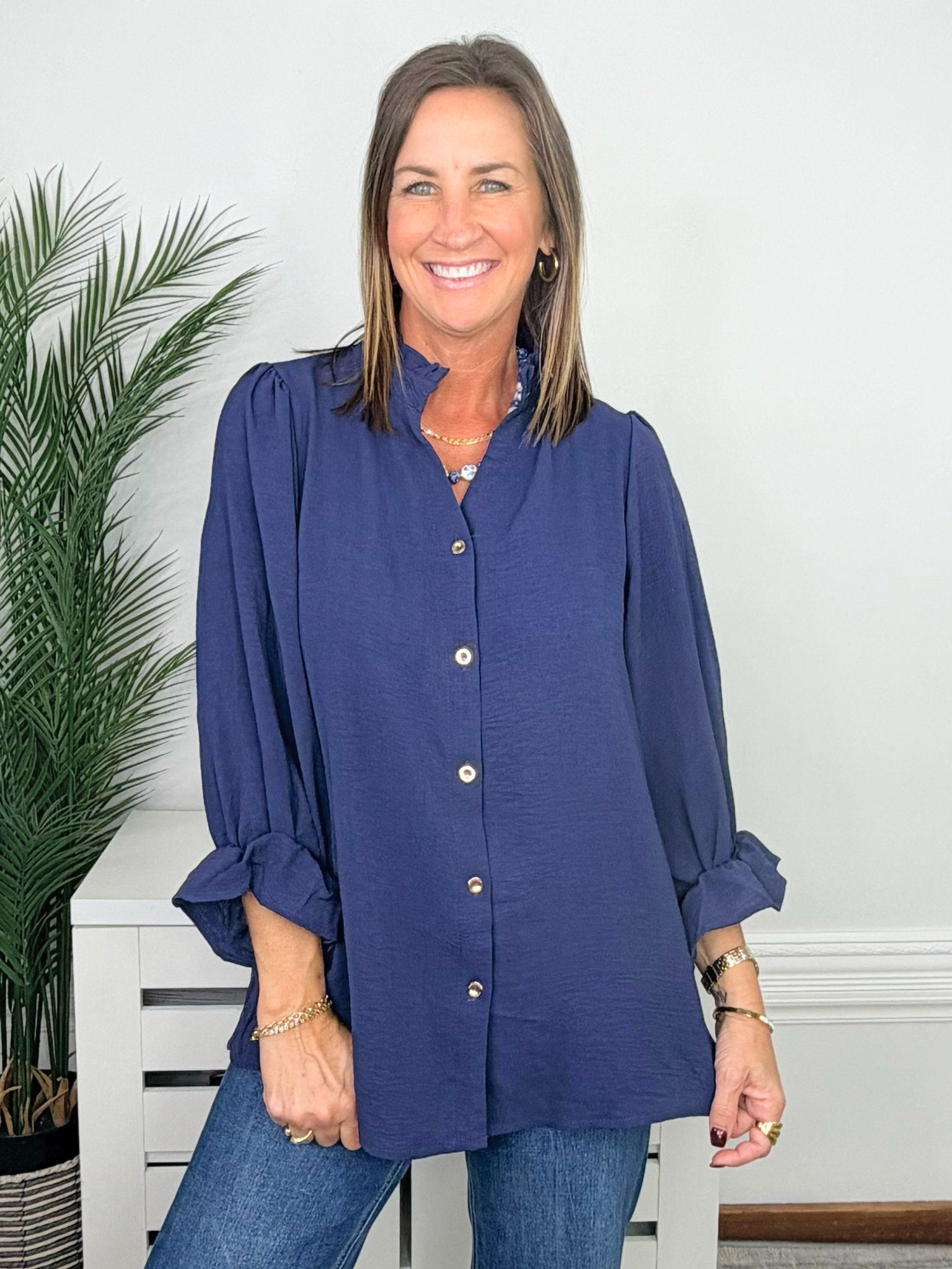Navy Grace Button Front Blouse - Jessi Jayne Boutique