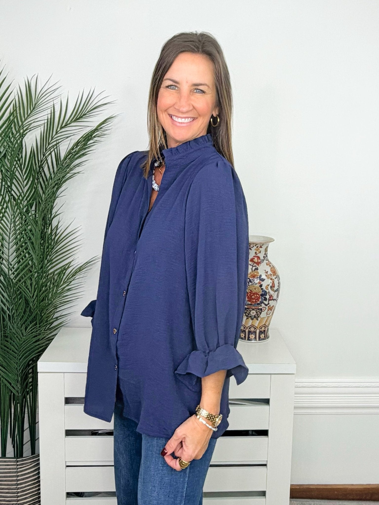 Navy Grace Button Front Blouse - Jessi Jayne Boutique