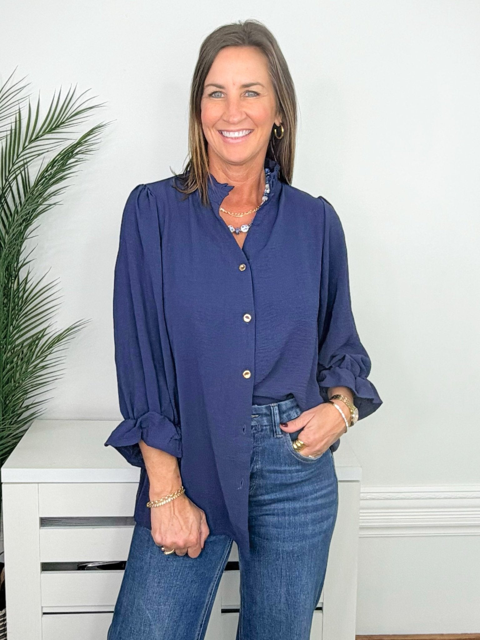 Navy Grace Button Front Blouse - Jessi Jayne Boutique
