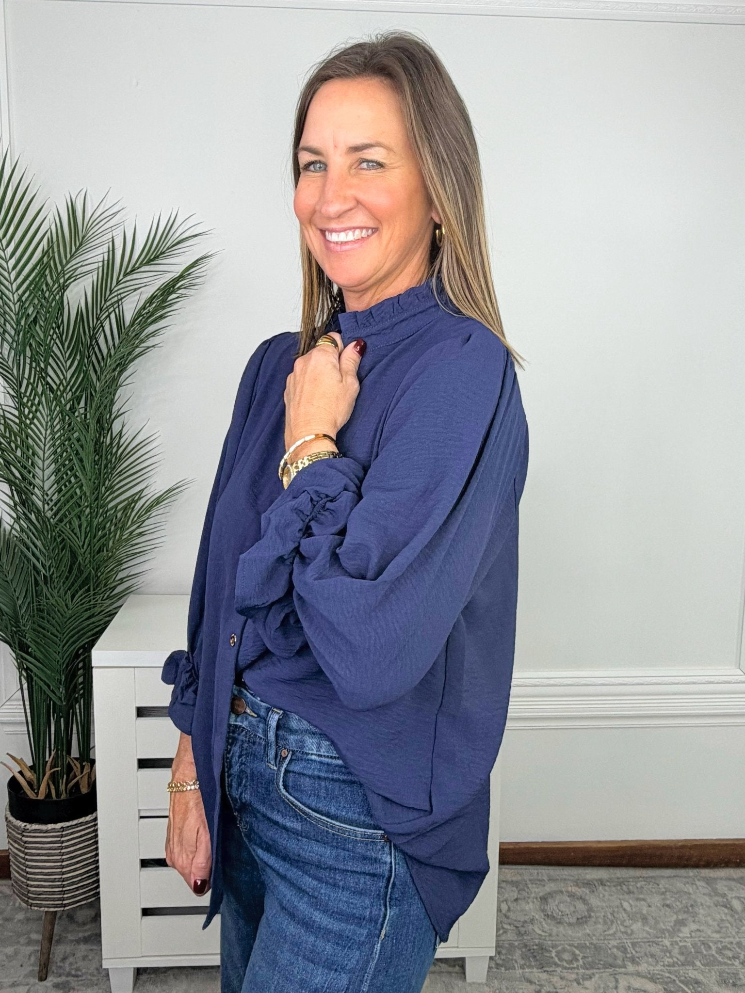 Navy Grace Button Front Blouse - Jessi Jayne Boutique