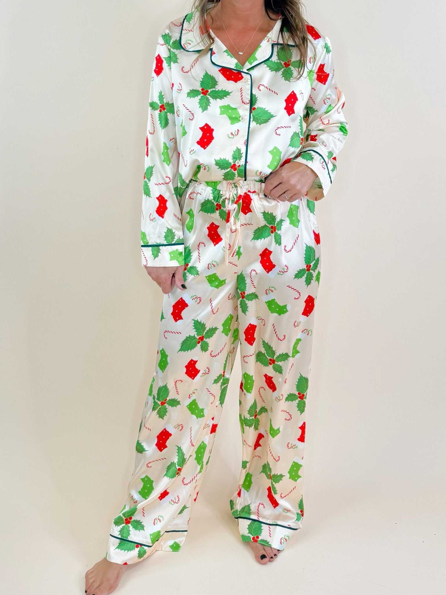 Holly Jolly Satin Pajama Pants Set - Jessi Jayne Boutique