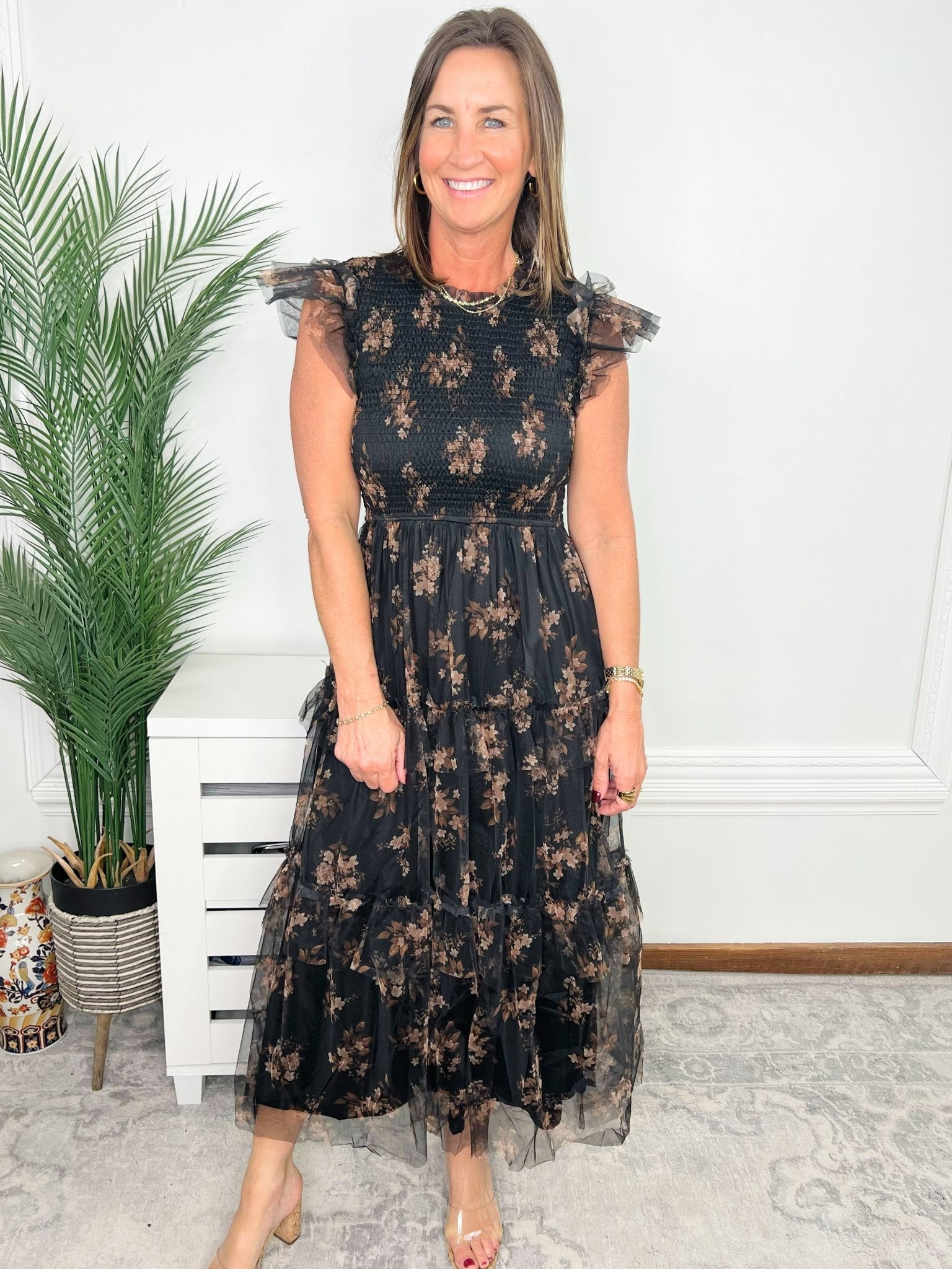 Midnight Garden Smocked Tiered Floral Midi Dress - Jessi Jayne Boutique