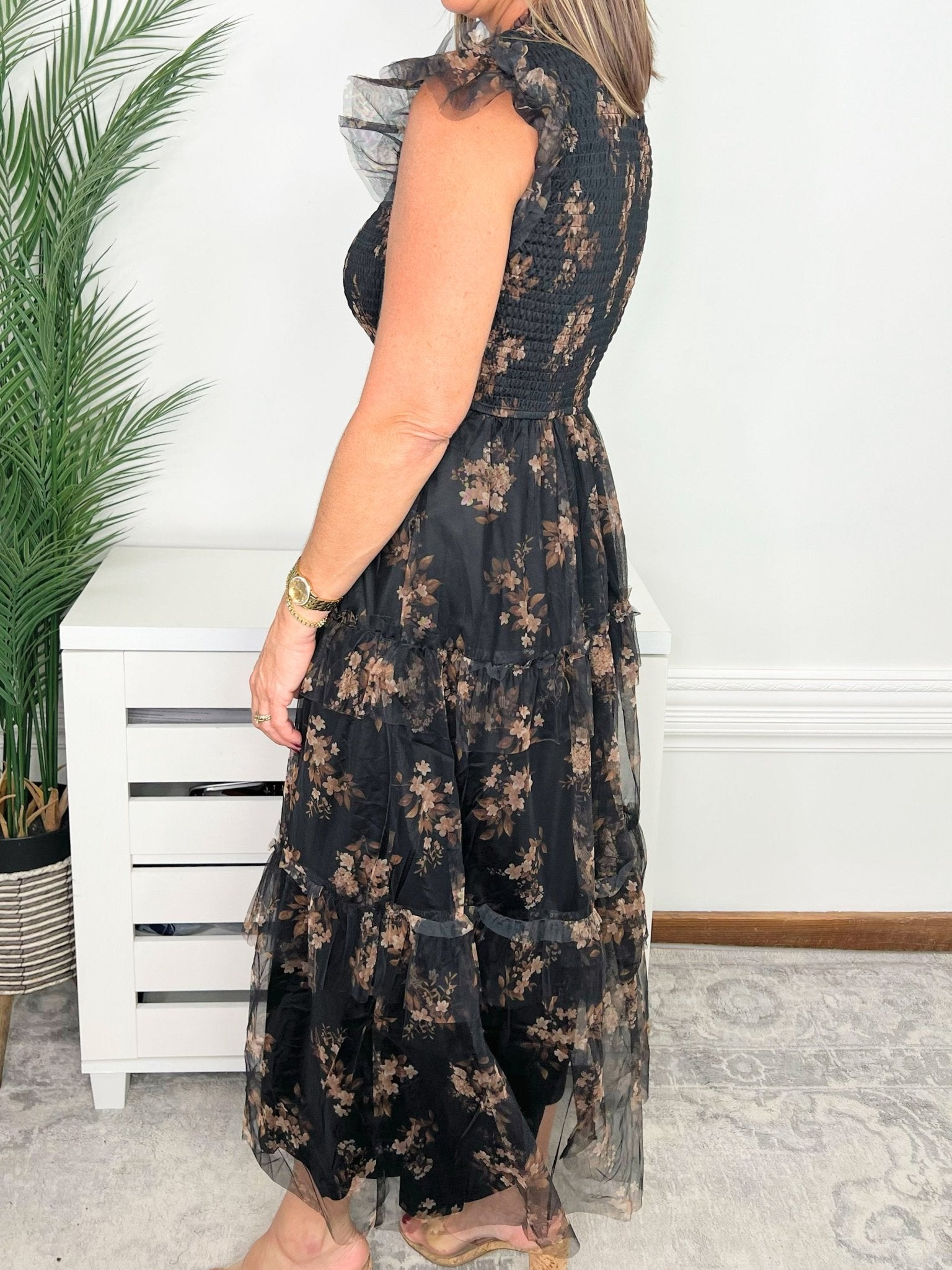 Midnight Garden Smocked Tiered Floral Midi Dress - Jessi Jayne Boutique