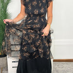 Midnight Garden Smocked Tiered Floral Midi Dress - Jessi Jayne Boutique