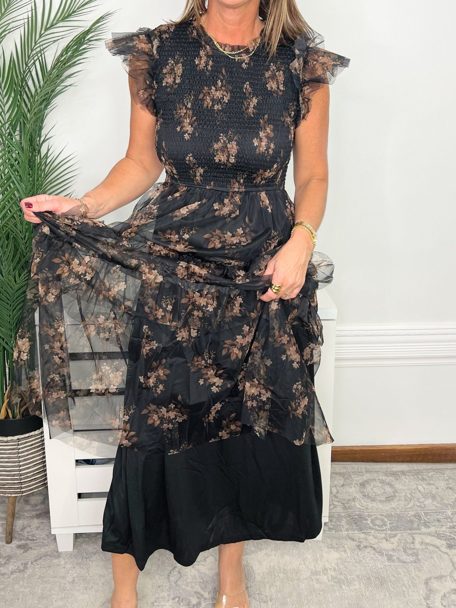 Midnight Garden Smocked Tiered Floral Midi Dress - Jessi Jayne Boutique