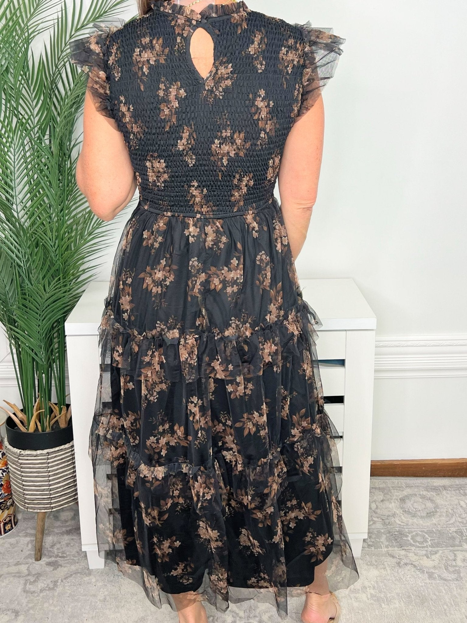 Midnight Garden Smocked Tiered Floral Midi Dress - Jessi Jayne Boutique