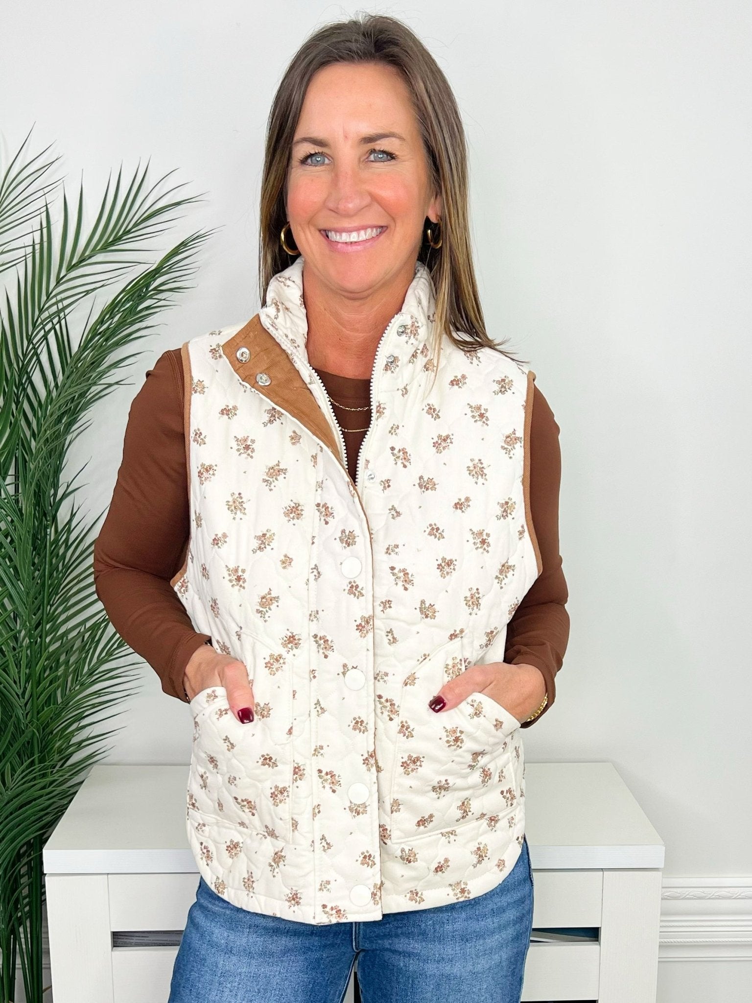 Cottage Bloom Floral Quilted Corduroy Trim Vest - Jessi Jayne Boutique