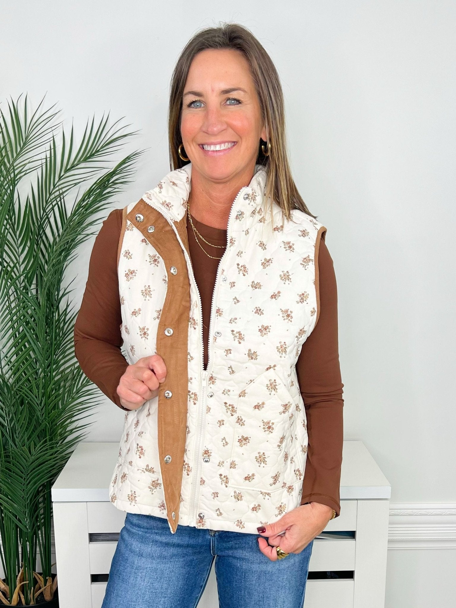 Cottage Bloom Floral Quilted Corduroy Trim Vest - Jessi Jayne Boutique