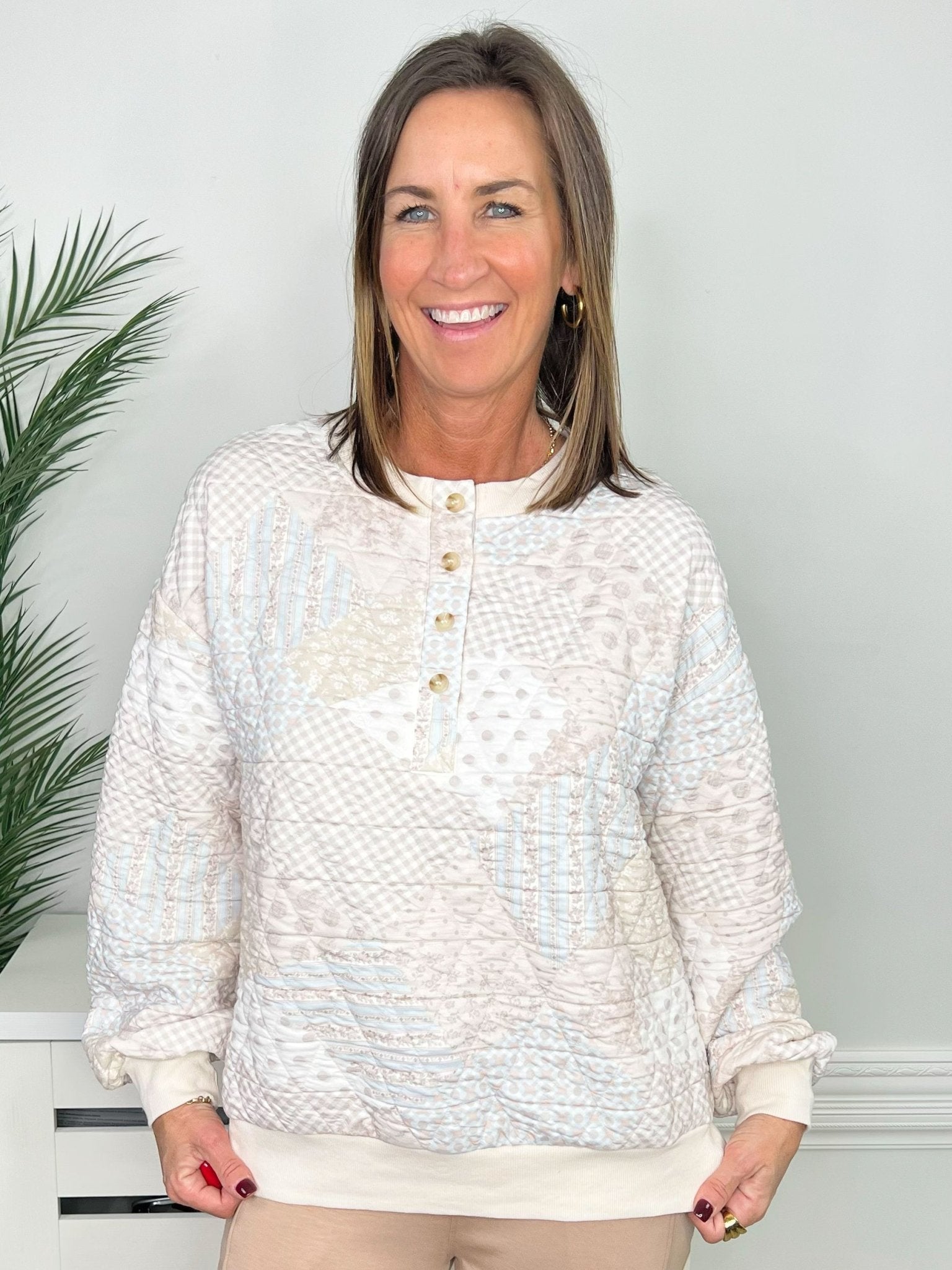 Mix & Match Multi-Pattern Quilted Henley Pullover - Jessi Jayne Boutique