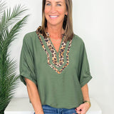 Olive Branch Leopard Trim Dolman Top
