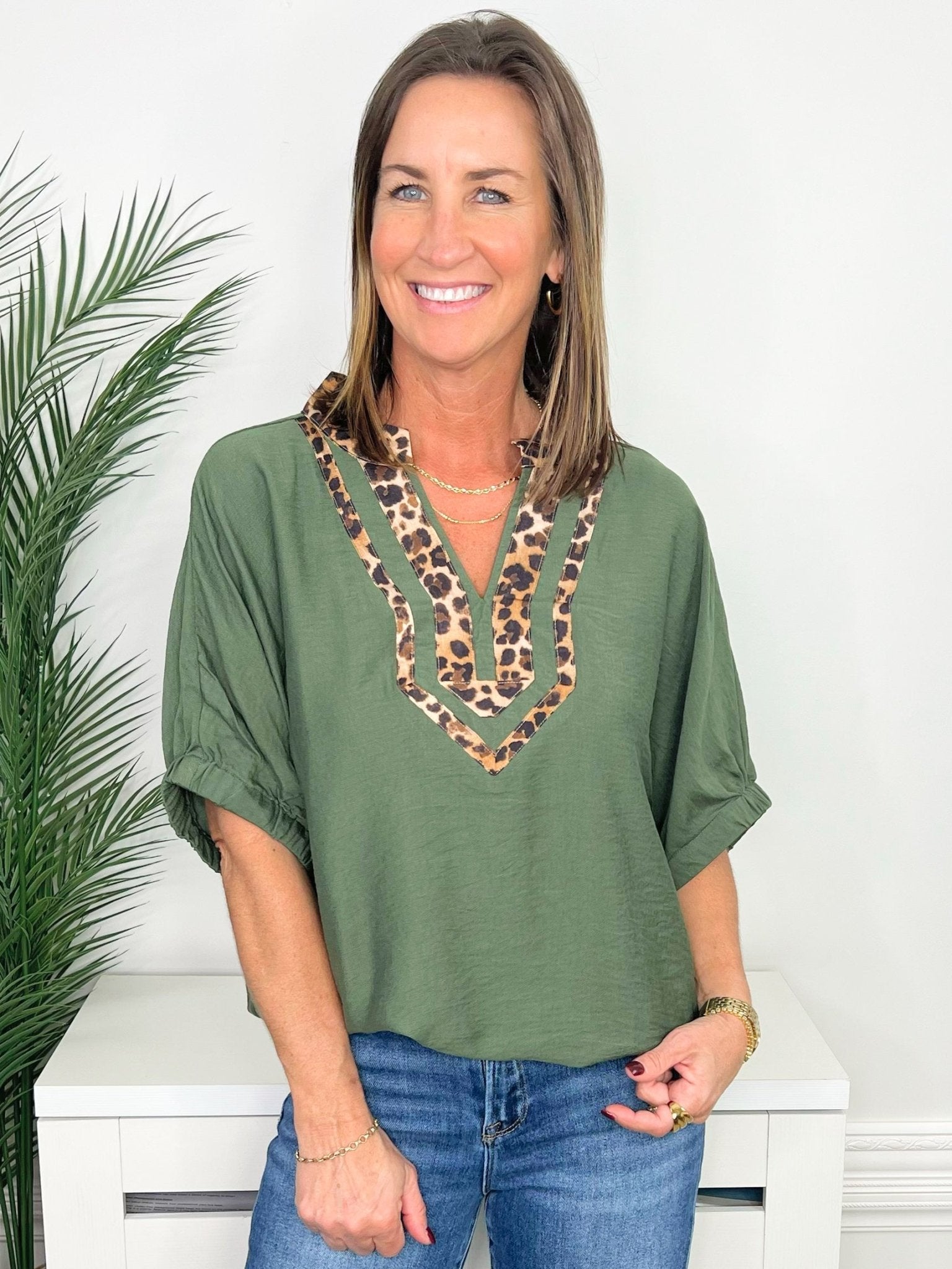 Olive Branch Leopard Trim Dolman Top - Jessi Jayne Boutique