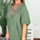 Olive Branch Leopard Trim Dolman Top