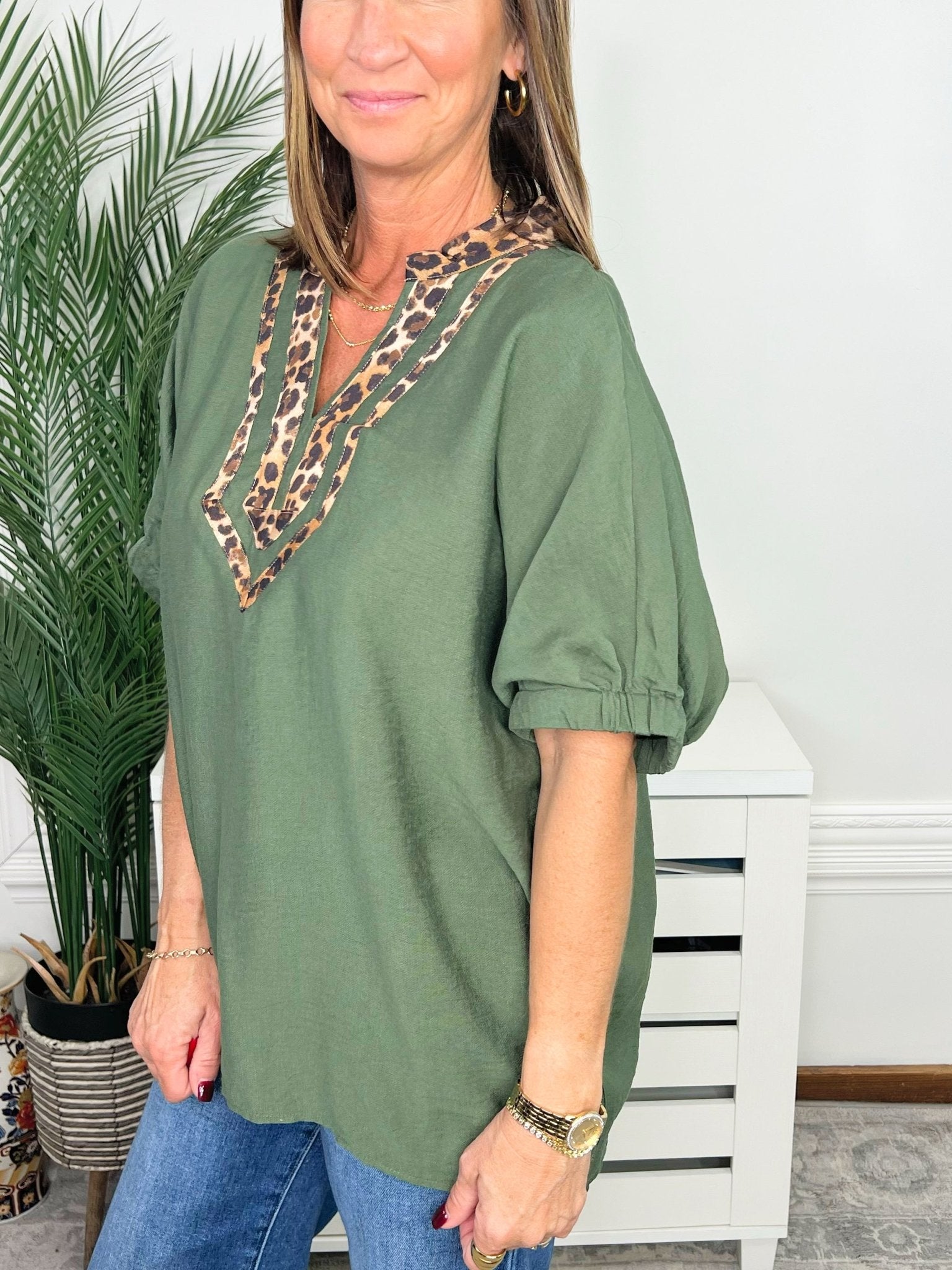 Olive Branch Leopard Trim Dolman Top - Jessi Jayne Boutique