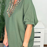 Olive Branch Leopard Trim Dolman Top