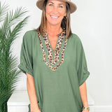 Olive Branch Leopard Trim Dolman Top