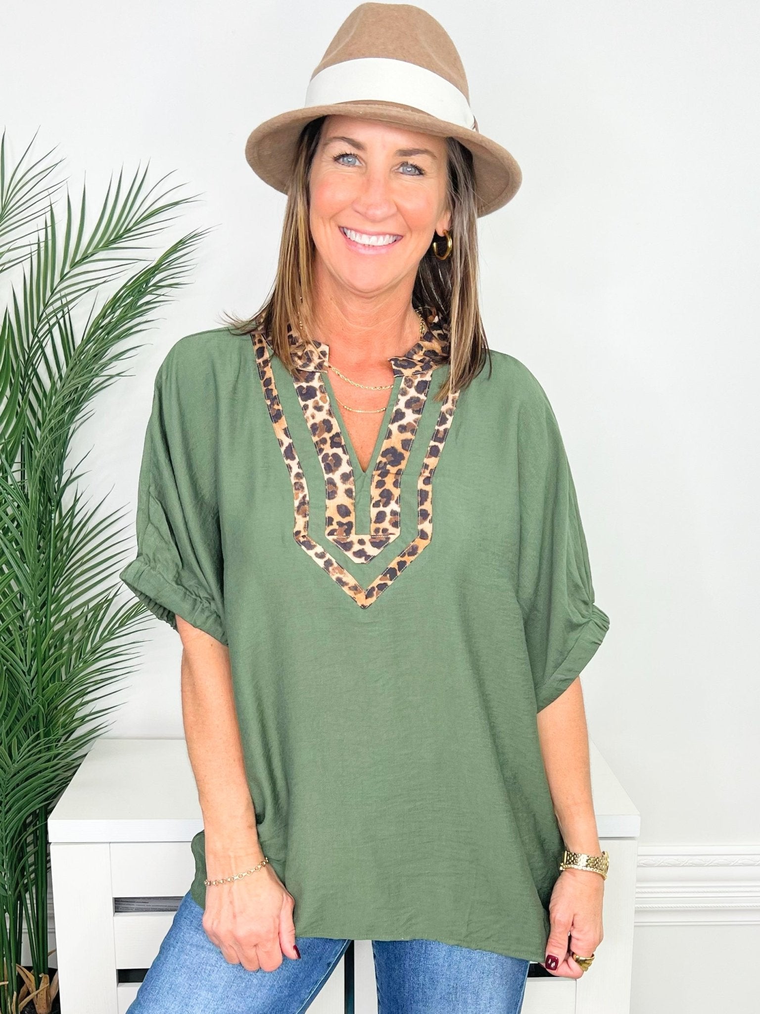 Olive Branch Leopard Trim Dolman Top - Jessi Jayne Boutique